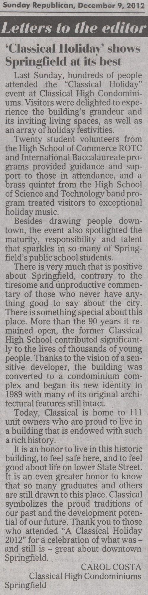 Springfield Republican article on the Classical High School Open House December 2, 2012.